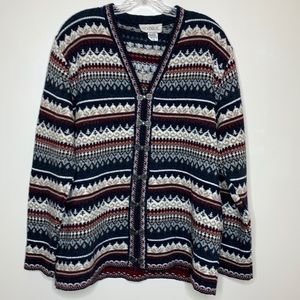 NU VOGUE Canadian Cardigan Wool Blend Fair Isle Nordic Heavy Metal Clasps Medium